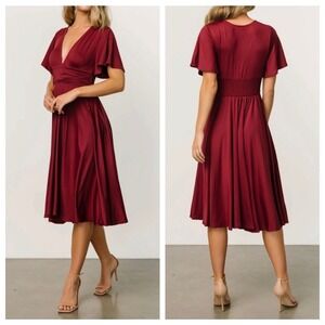 Baltic Born Janette Midi Dress Red V-Neck Flutter Sleeve Large